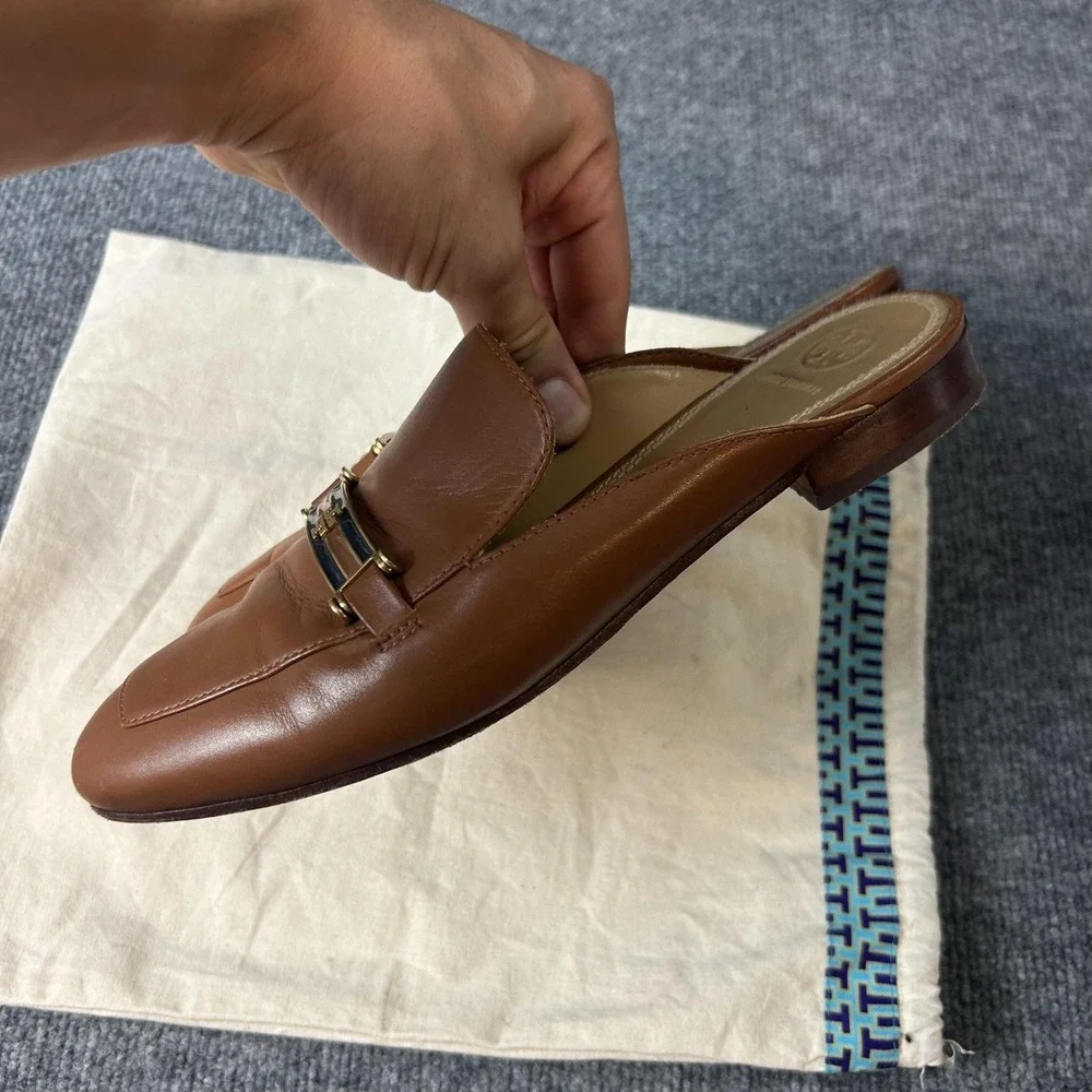 Tory Burch Loafer Shoes Womens Size 8.5 Brown Leather Mule Slip On Bit Logo